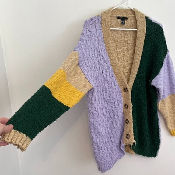 FOREVER 21 Colorblock Cardigan Sweater Lilac Lavender Green Multi Button Long M - Picture 7 of 13
